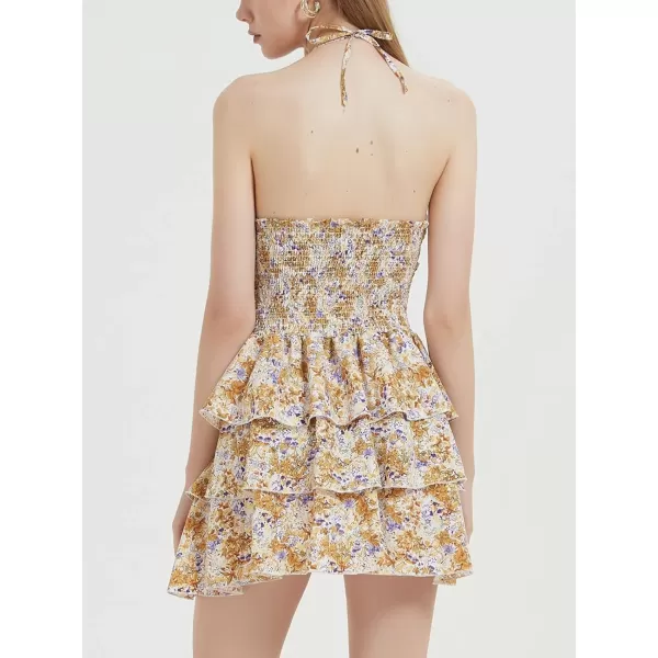 Mebius Womens Floral Mini Dress Summer Criss Cross Halter Backless Preppy Smocked Waist Short Ruffle Dress Picnic BeachYellow