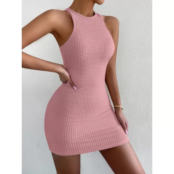 Womens Crochet Dresses Knitted Dress Y2K Bodycon Mini Waffle Knit Apparel Casual Tank Sleeveless Round NeckApink