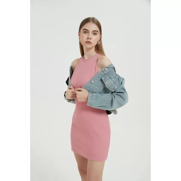 Womens Crochet Dresses Knitted Dress Y2K Bodycon Mini Waffle Knit Apparel Casual Tank Sleeveless Round NeckApink