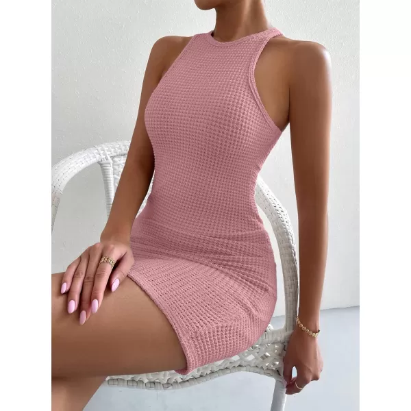 Womens Crochet Dresses Knitted Dress Y2K Bodycon Mini Waffle Knit Apparel Casual Tank Sleeveless Round NeckApink