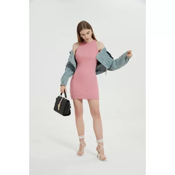 Womens Crochet Dresses Knitted Dress Y2K Bodycon Mini Waffle Knit Apparel Casual Tank Sleeveless Round NeckApink
