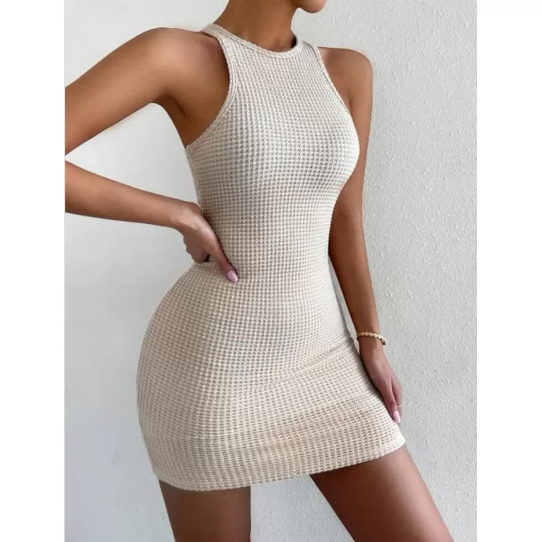 Womens Crochet Dresses Knitted Dress Y2K Bodycon Mini Waffle Knit Apparel Casual Tank Sleeveless Round NeckApricot