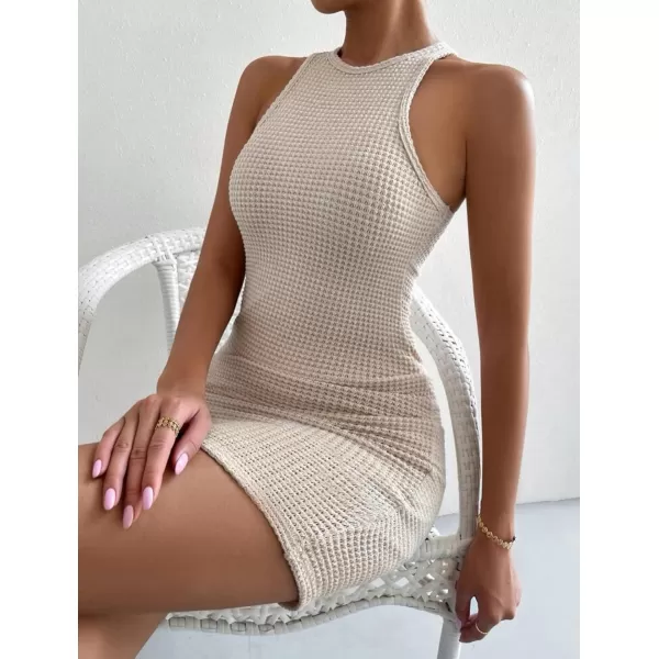 Womens Crochet Dresses Knitted Dress Y2K Bodycon Mini Waffle Knit Apparel Casual Tank Sleeveless Round NeckApricot