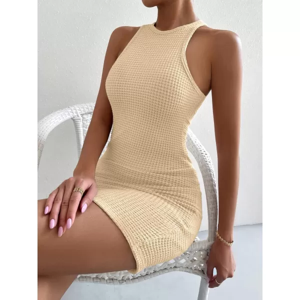 Womens Crochet Dresses Knitted Dress Y2K Bodycon Mini Waffle Knit Apparel Casual Tank Sleeveless Round NeckCream