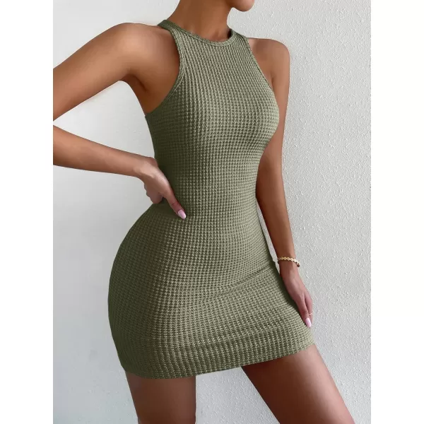 Womens Crochet Dresses Knitted Dress Y2K Bodycon Mini Waffle Knit Apparel Casual Tank Sleeveless Round NeckGreen