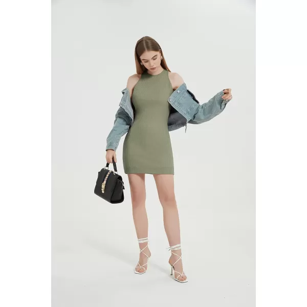 Womens Crochet Dresses Knitted Dress Y2K Bodycon Mini Waffle Knit Apparel Casual Tank Sleeveless Round NeckGreen