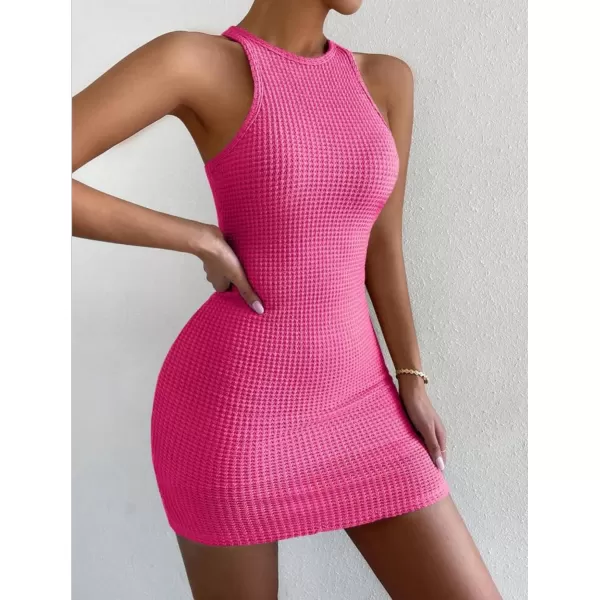 Womens Crochet Dresses Knitted Dress Y2K Bodycon Mini Waffle Knit Apparel Casual Tank Sleeveless Round NeckHot Pink
