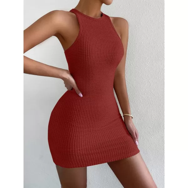 Womens Crochet Dresses Knitted Dress Y2K Bodycon Mini Waffle Knit Apparel Casual Tank Sleeveless Round NeckRed