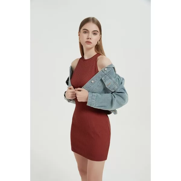 Womens Crochet Dresses Knitted Dress Y2K Bodycon Mini Waffle Knit Apparel Casual Tank Sleeveless Round NeckRed