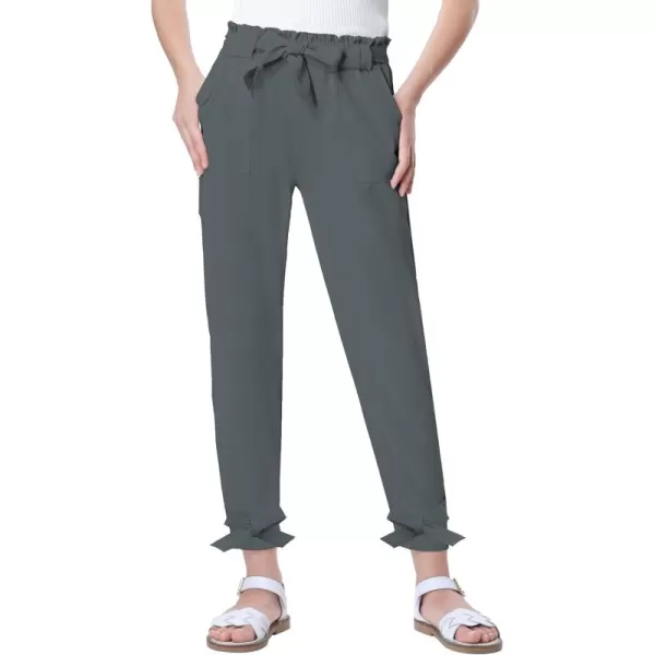 Mebius Girls Elastic Paperbag Pants Tapered High Waist Belted with Bow Knot Pockets Ankle Length Casual School TrousersDark Grey