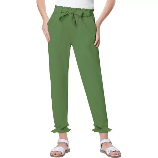 Mebius Girls Elastic Paperbag Pants Tapered High Waist Belted with Bow Knot Pockets Ankle Length Casual School TrousersGreen
