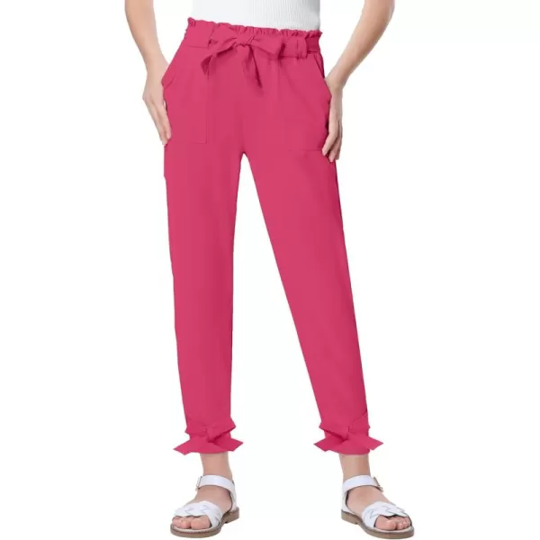 Mebius Girls Elastic Paperbag Pants Tapered High Waist Belted with Bow Knot Pockets Ankle Length Casual School TrousersHot Pink