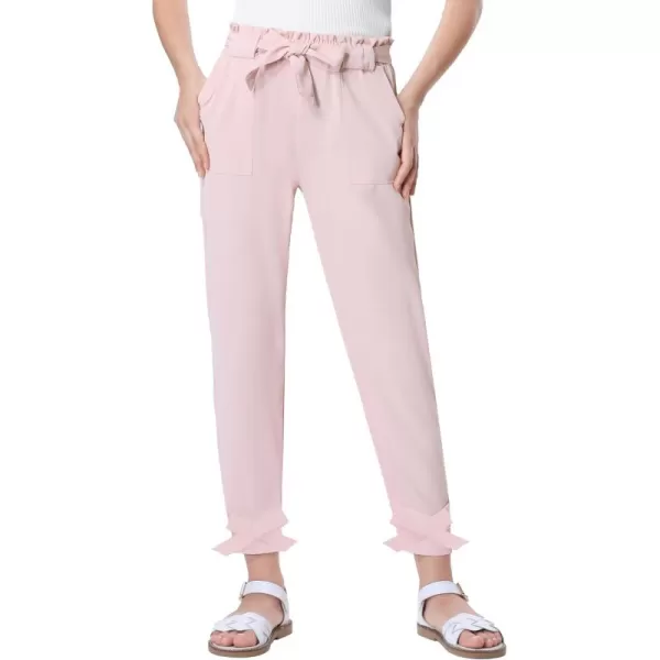 Mebius Girls Elastic Paperbag Pants Tapered High Waist Belted with Bow Knot Pockets Ankle Length Casual School TrousersPink