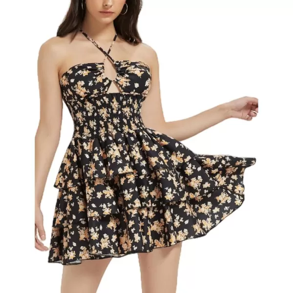 Mebius Womens Floral Mini Dress Summer Criss Cross Halter Backless Preppy Smocked Waist Short Ruffle Dress Picnic BeachFloral Black