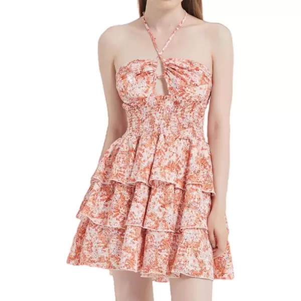 Mebius Womens Floral Mini Dress Summer Criss Cross Halter Backless Preppy Smocked Waist Short Ruffle Dress Picnic BeachOrange