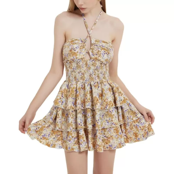 Mebius Womens Floral Mini Dress Summer Criss Cross Halter Backless Preppy Smocked Waist Short Ruffle Dress Picnic BeachYellow