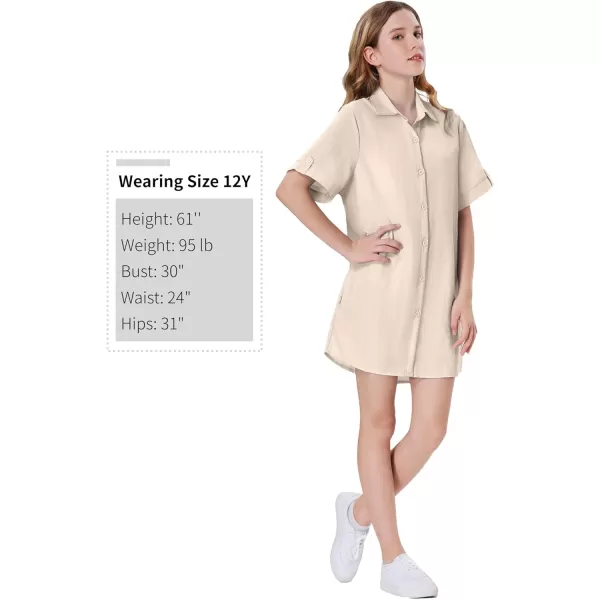 Girls Button Down Shirt Dress with Side Pockets Short Sleeve Linen Loose Casual Tunic Blouse Top 612YBeige