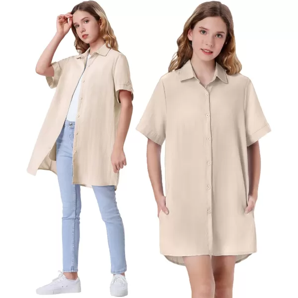 Girls Button Down Shirt Dress with Side Pockets Short Sleeve Linen Loose Casual Tunic Blouse Top 612YBeige