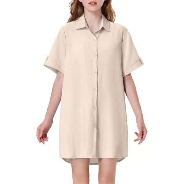 Girls Button Down Shirt Dress with Side Pockets Short Sleeve Linen Loose Casual Tunic Blouse Top 612YBeige