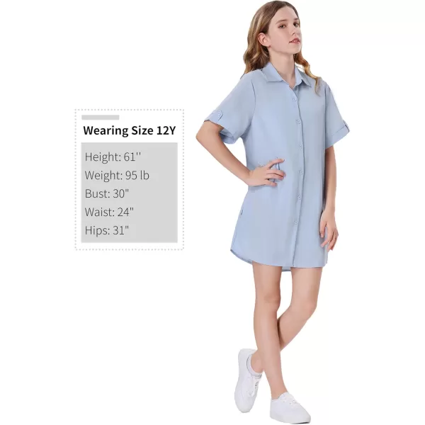 Girls Button Down Shirt Dress with Side Pockets Short Sleeve Linen Loose Casual Tunic Blouse Top 612YBlue