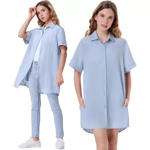 Girls Button Down Shirt Dress with Side Pockets Short Sleeve Linen Loose Casual Tunic Blouse Top 612YBlue