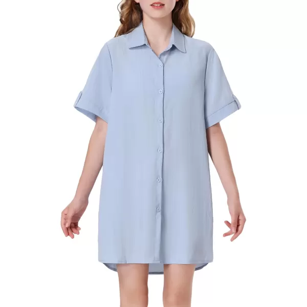 Girls Button Down Shirt Dress with Side Pockets Short Sleeve Linen Loose Casual Tunic Blouse Top 612YBlue
