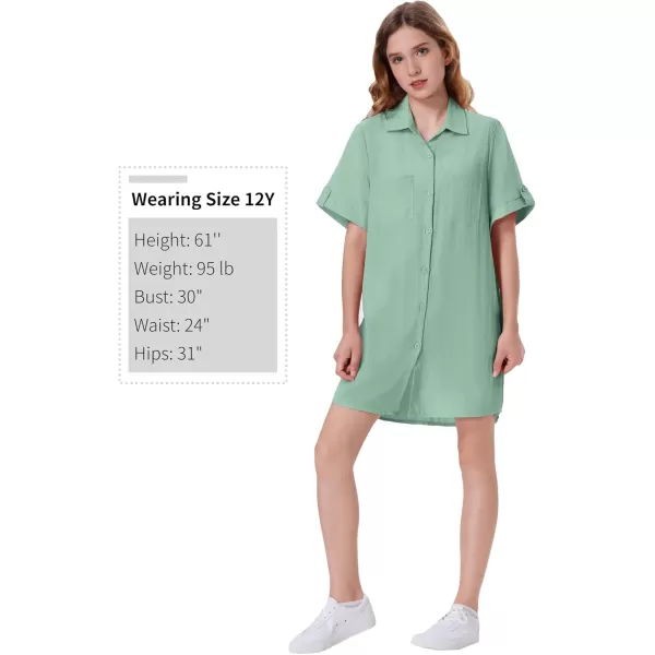 Girls Button Down Shirt Dress with Side Pockets Short Sleeve Linen Loose Casual Tunic Blouse Top 612YGreen
