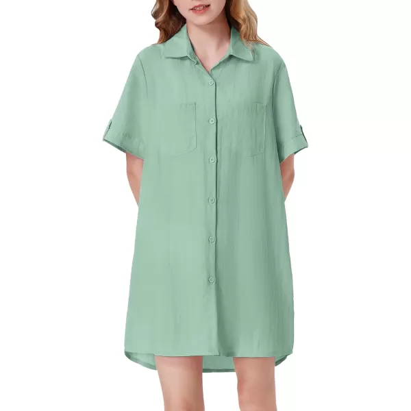 Girls Button Down Shirt Dress with Side Pockets Short Sleeve Linen Loose Casual Tunic Blouse Top 612YGreen
