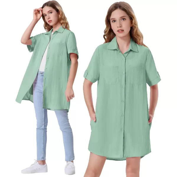Girls Button Down Shirt Dress with Side Pockets Short Sleeve Linen Loose Casual Tunic Blouse Top 612YGreen