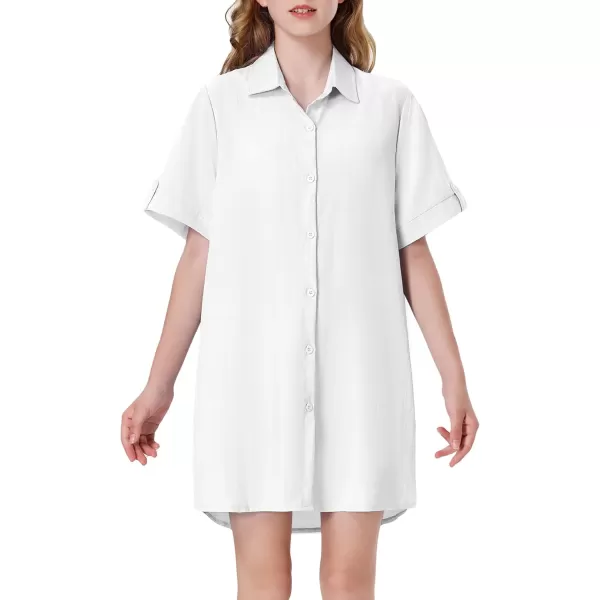 Girls Button Down Shirt Dress with Side Pockets Short Sleeve Linen Loose Casual Tunic Blouse Top 612YWhite