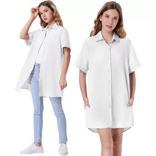 Girls Button Down Shirt Dress with Side Pockets Short Sleeve Linen Loose Casual Tunic Blouse Top 612YWhite
