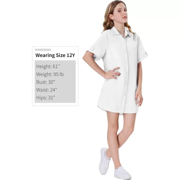 Girls Button Down Shirt Dress with Side Pockets Short Sleeve Linen Loose Casual Tunic Blouse Top 612YWhite
