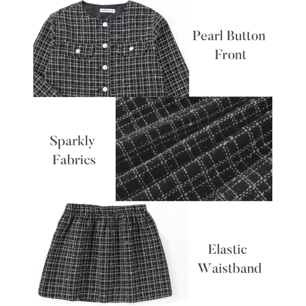 Girls Skirt Set 2 Piece Outfits Plaid Tweed Button Front Long Sleeve Sparkle Jacket and Mini Skirt Preppy Kids 612YBlack