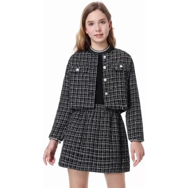 Girls Skirt Set 2 Piece Outfits Plaid Tweed Button Front Long Sleeve Sparkle Jacket and Mini Skirt Preppy Kids 612YBlack
