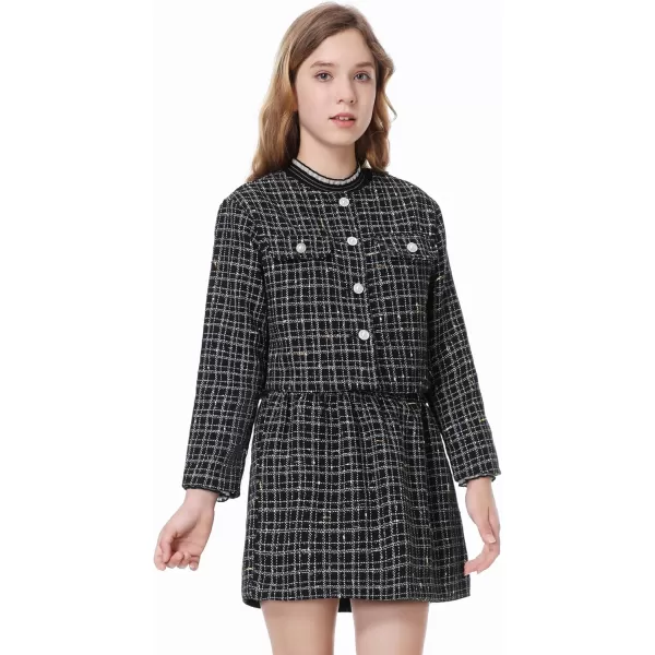Girls Skirt Set 2 Piece Outfits Plaid Tweed Button Front Long Sleeve Sparkle Jacket and Mini Skirt Preppy Kids 612YBlack
