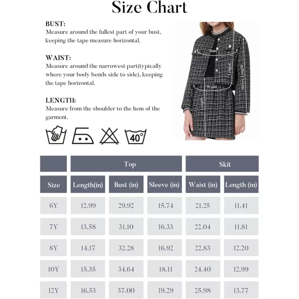 Girls Skirt Set 2 Piece Outfits Plaid Tweed Button Front Long Sleeve Sparkle Jacket and Mini Skirt Preppy Kids 612YBlack