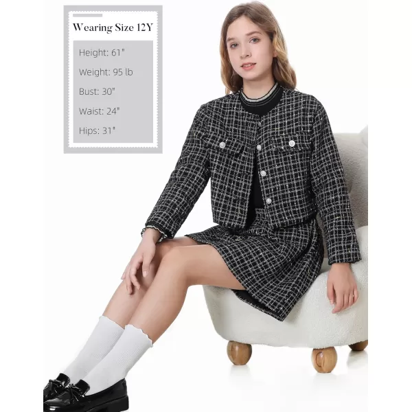 Girls Skirt Set 2 Piece Outfits Plaid Tweed Button Front Long Sleeve Sparkle Jacket and Mini Skirt Preppy Kids 612YBlack