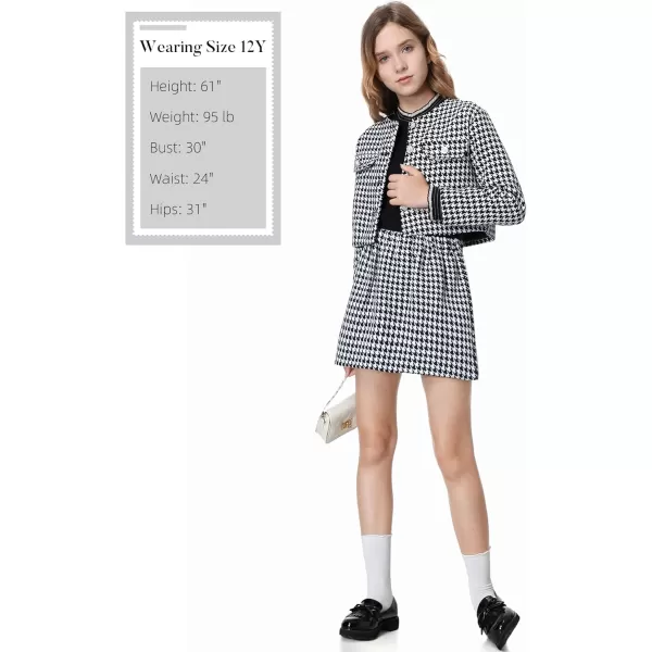 Girls Skirt Set 2 Piece Outfits Plaid Tweed Button Front Long Sleeve Sparkle Jacket and Mini Skirt Preppy Kids 612YHoundstooth