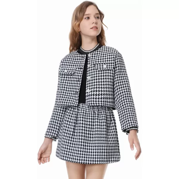 Girls Skirt Set 2 Piece Outfits Plaid Tweed Button Front Long Sleeve Sparkle Jacket and Mini Skirt Preppy Kids 612YHoundstooth