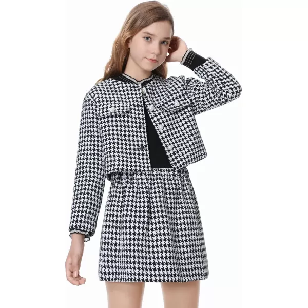 Girls Skirt Set 2 Piece Outfits Plaid Tweed Button Front Long Sleeve Sparkle Jacket and Mini Skirt Preppy Kids 612YHoundstooth