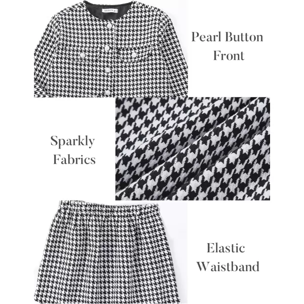 Girls Skirt Set 2 Piece Outfits Plaid Tweed Button Front Long Sleeve Sparkle Jacket and Mini Skirt Preppy Kids 612YHoundstooth