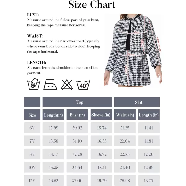 Girls Skirt Set 2 Piece Outfits Plaid Tweed Button Front Long Sleeve Sparkle Jacket and Mini Skirt Preppy Kids 612YHoundstooth