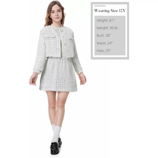 Girls Skirt Set 2 Piece Outfits Plaid Tweed Button Front Long Sleeve Sparkle Jacket and Mini Skirt Preppy Kids 612YWhite