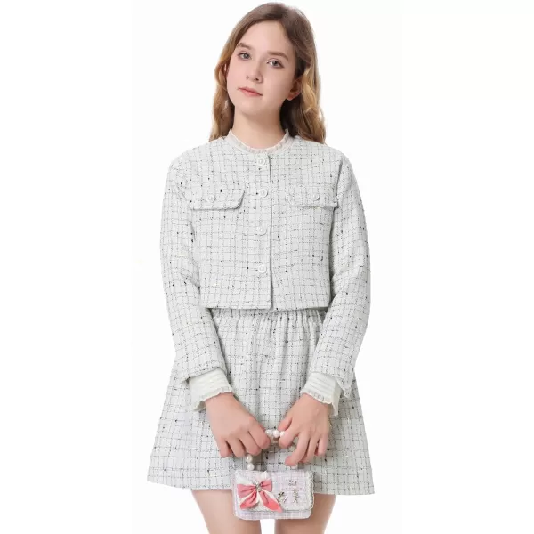Girls Skirt Set 2 Piece Outfits Plaid Tweed Button Front Long Sleeve Sparkle Jacket and Mini Skirt Preppy Kids 612YWhite