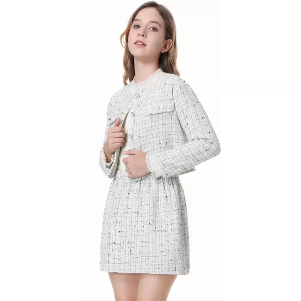 Girls Skirt Set 2 Piece Outfits Plaid Tweed Button Front Long Sleeve Sparkle Jacket and Mini Skirt Preppy Kids 612YWhite