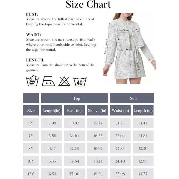 Girls Skirt Set 2 Piece Outfits Plaid Tweed Button Front Long Sleeve Sparkle Jacket and Mini Skirt Preppy Kids 612YWhite