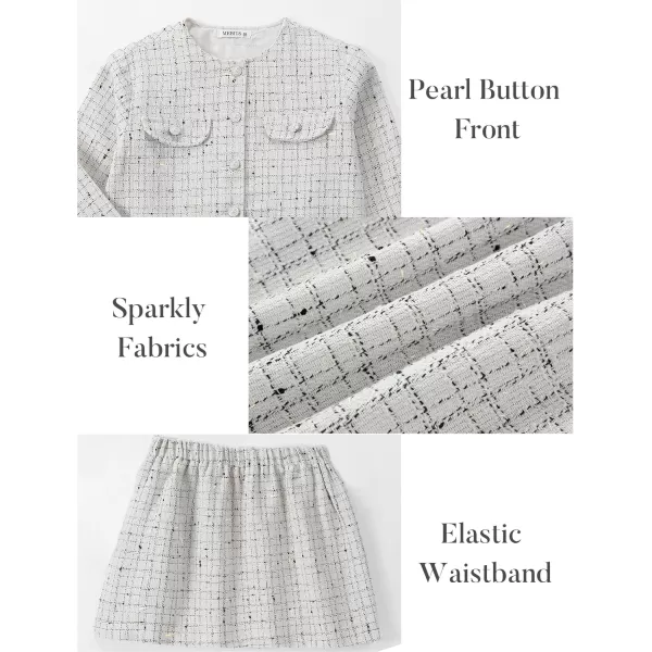 Girls Skirt Set 2 Piece Outfits Plaid Tweed Button Front Long Sleeve Sparkle Jacket and Mini Skirt Preppy Kids 612YWhite