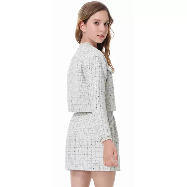 Girls Skirt Set 2 Piece Outfits Plaid Tweed Button Front Long Sleeve Sparkle Jacket and Mini Skirt Preppy Kids 612YWhite
