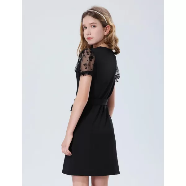 Mebius Girls Appliques Mesh Sleeve Dresses with Pockets Puff Sheer Long Sleeve Bodycon Belted Dress for Party 612YBlack Flowers