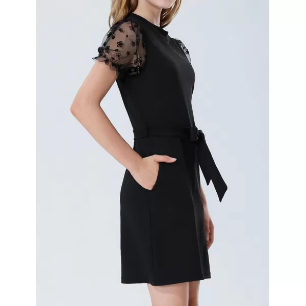 Mebius Girls Appliques Mesh Sleeve Dresses with Pockets Puff Sheer Long Sleeve Bodycon Belted Dress for Party 612YBlack Flowers